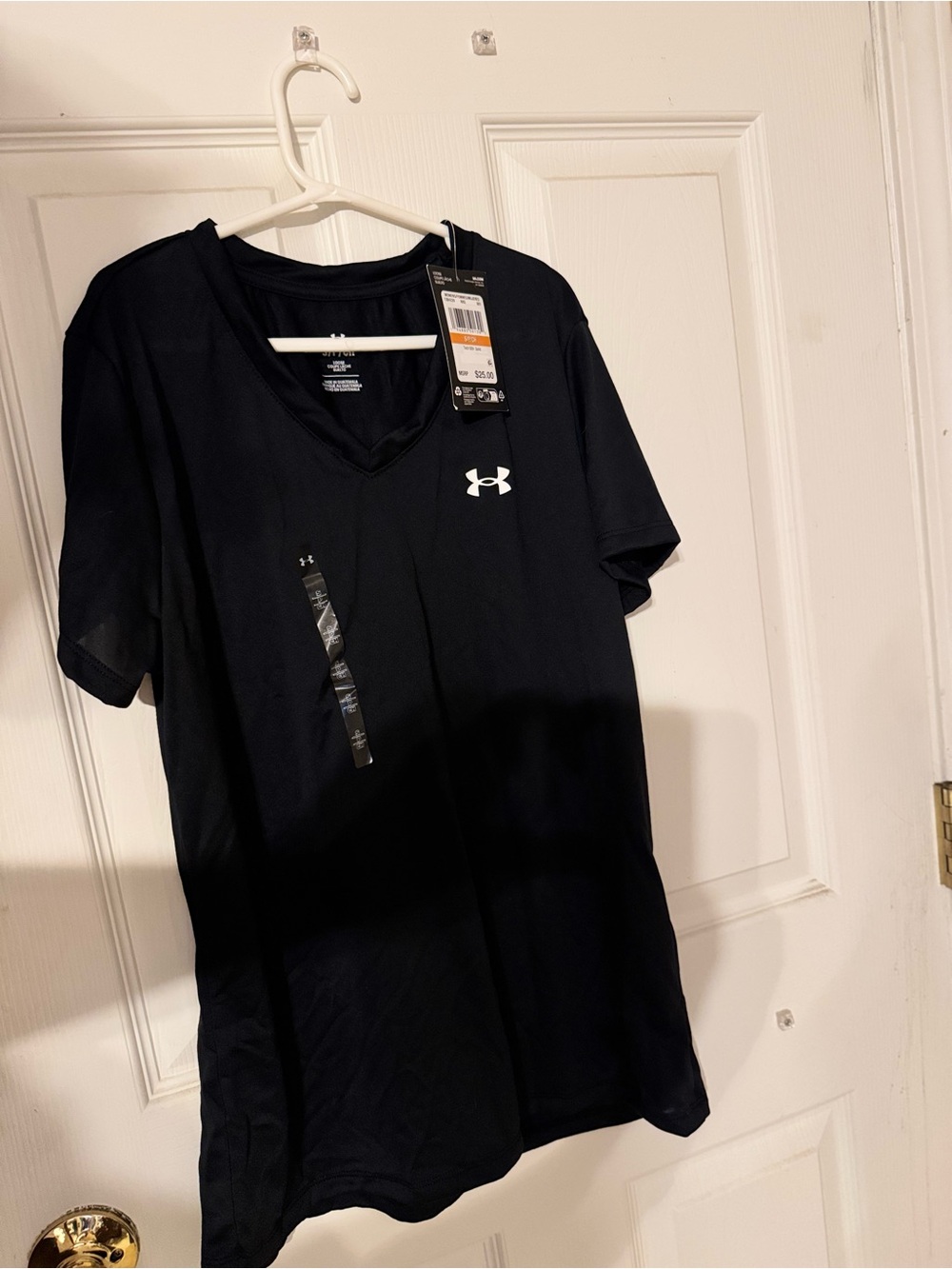 Women’s Under Armour Black V-Neck Athletic Tee with White Logo - small